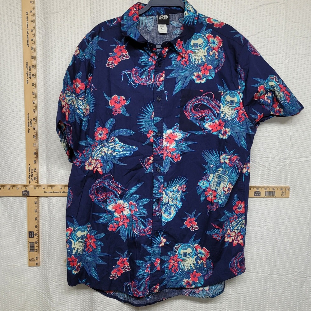 Star Wars R2-D2 Millennium Falcon Tropical Floral Button Down Shirt Navy XL